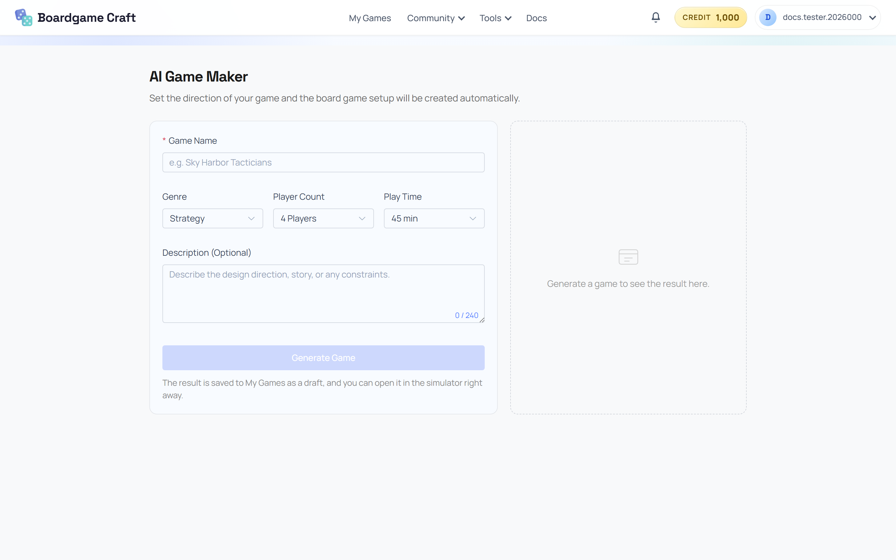 The AI Game Maker form with Game Name, Genre, Player Count, and Play Time fields