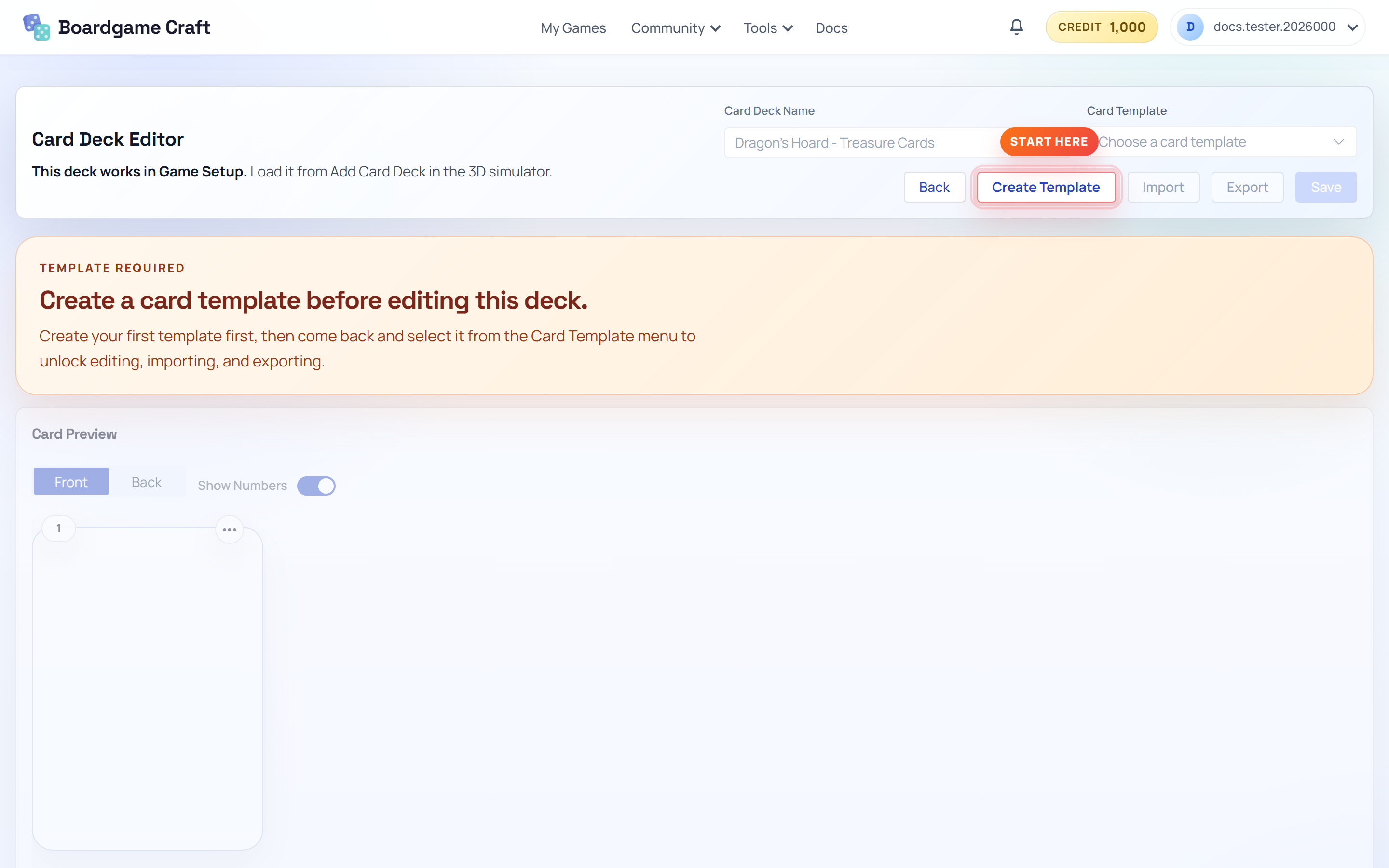 The Card Deck Editor workspace with the deck spreadsheet