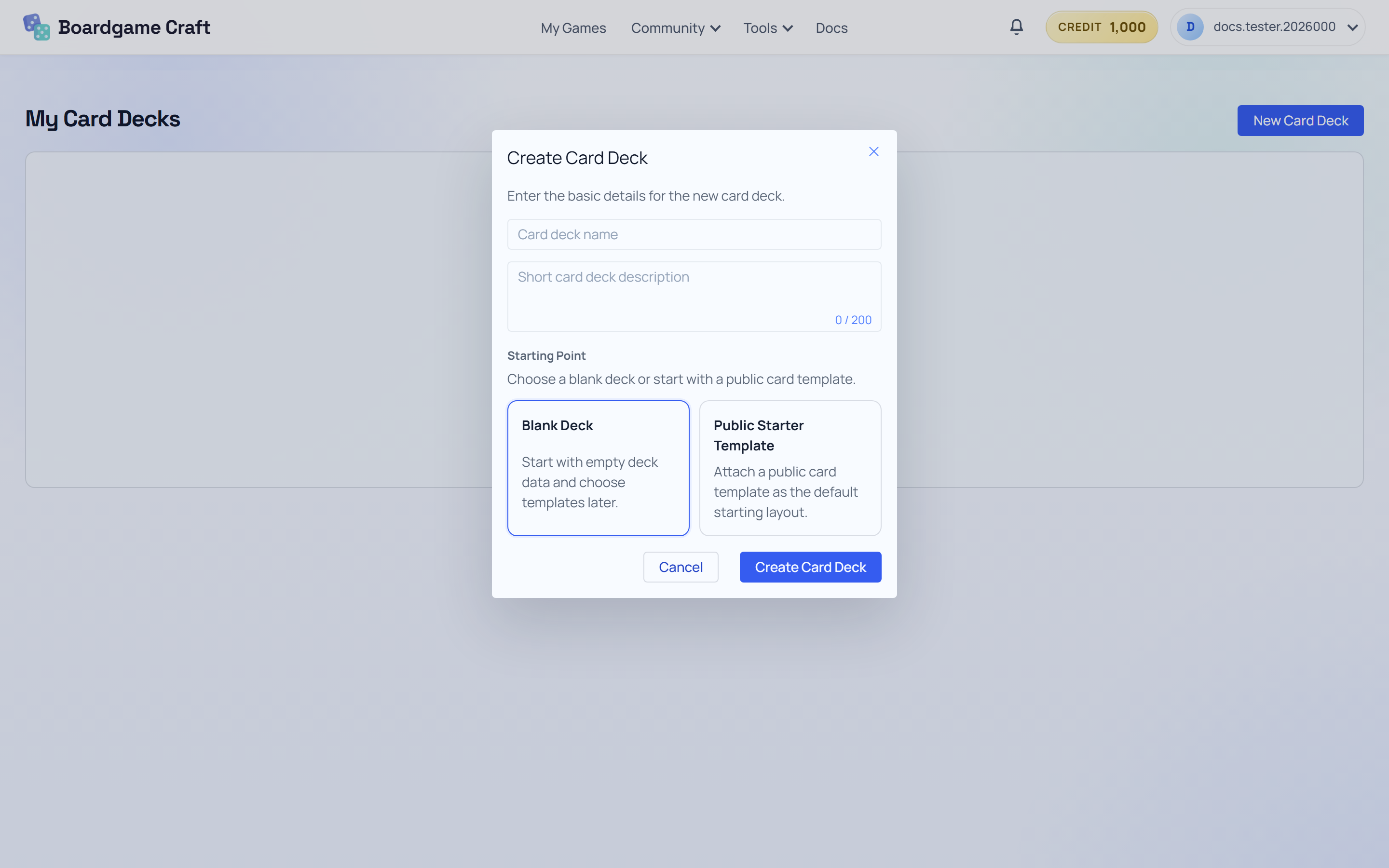 The Create Card Deck dialog with name and description fields