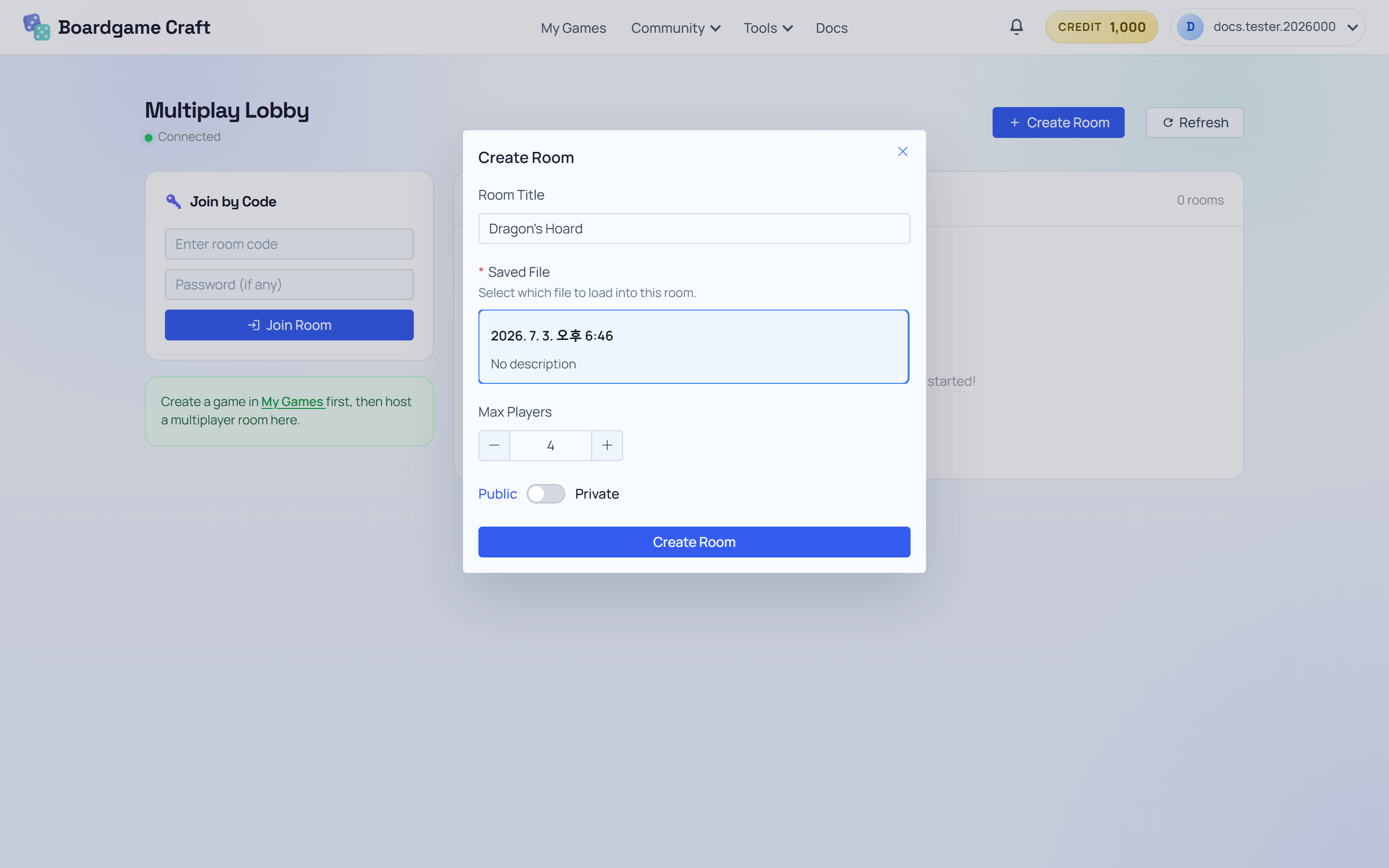 The Create Room dialog with Room Title, Saved File, Max Players, and Public/Private toggle
