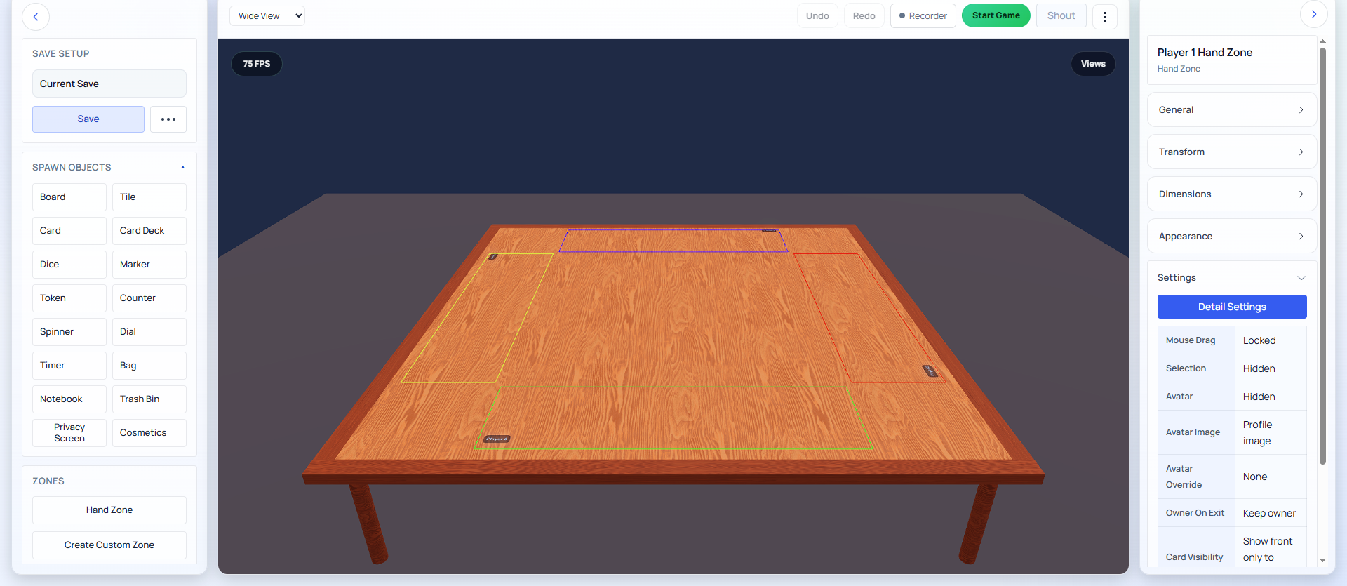 Boardgame Craft 3D virtual table editor with a game board, cards and tokens