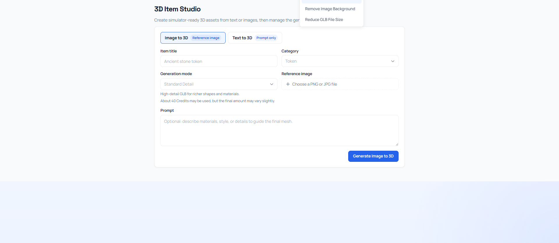 3D Item Studio interface for creating assets from images or text