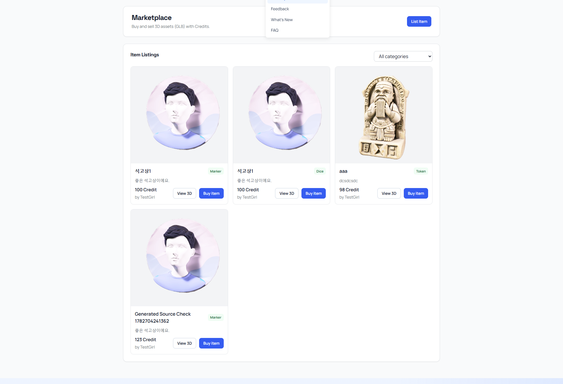 Marketplace showing shared 3D assets from creators
