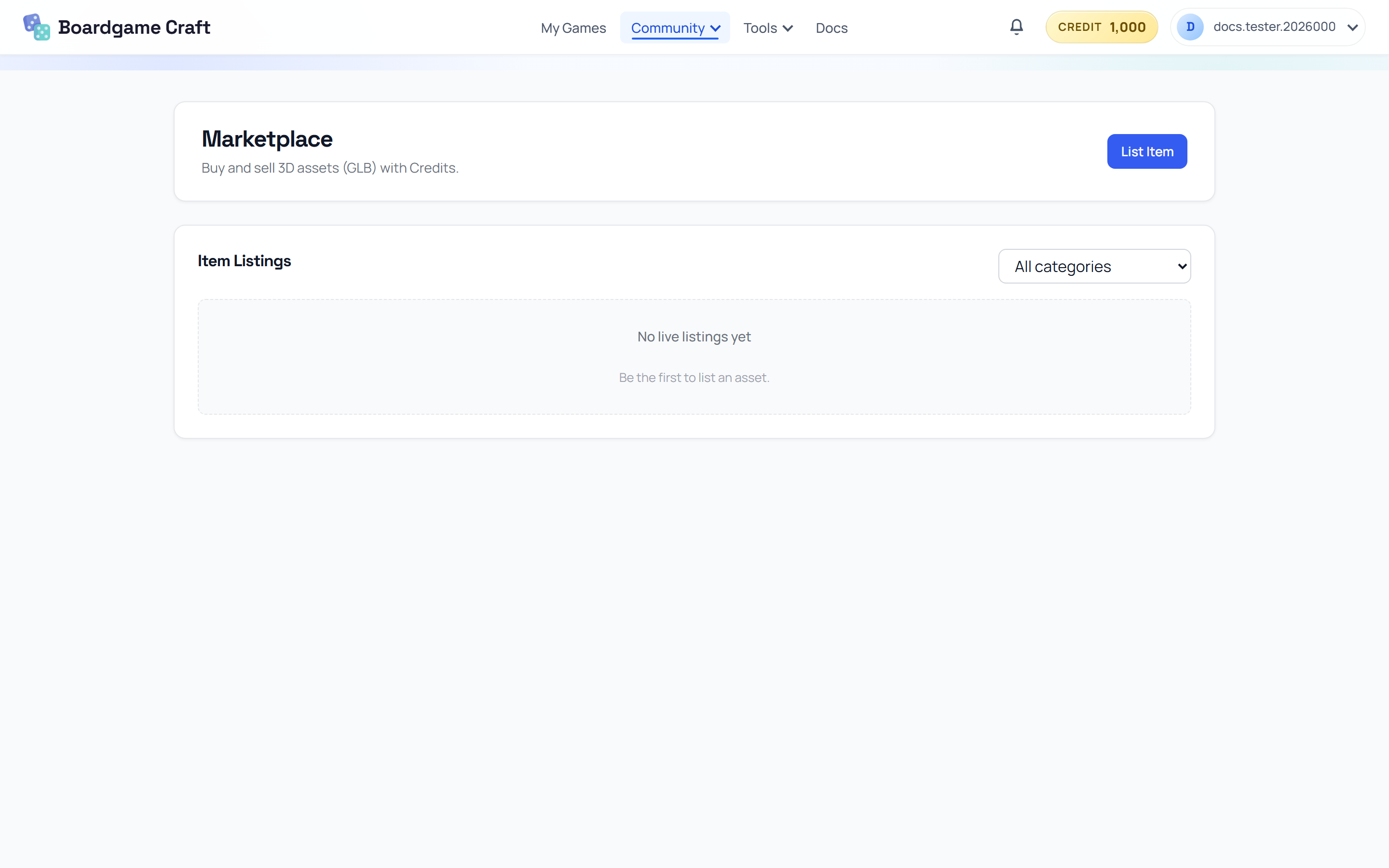 The Marketplace page with category filters and the List Item button