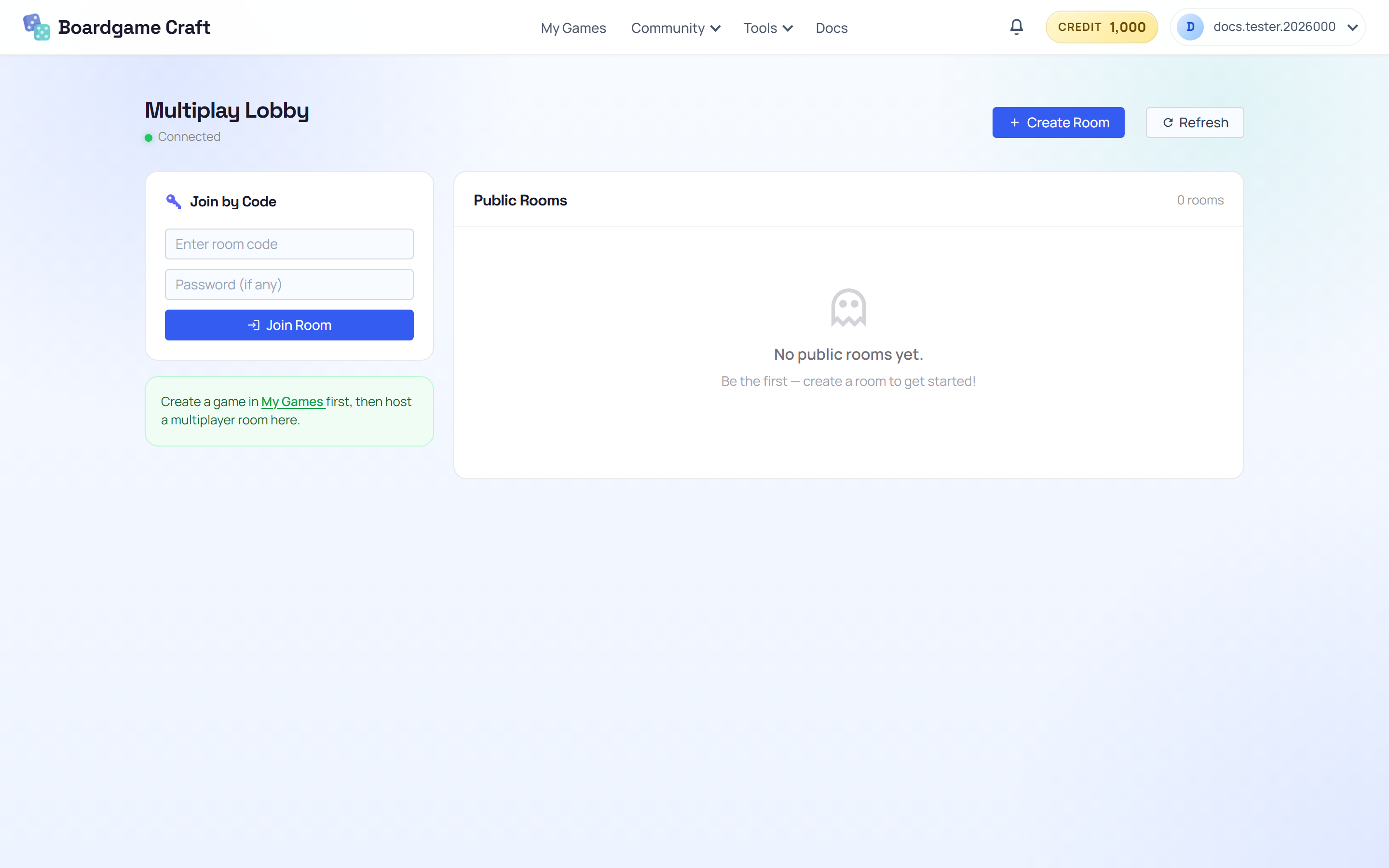 The Multiplay Lobby with the Join by Code panel and the public rooms list