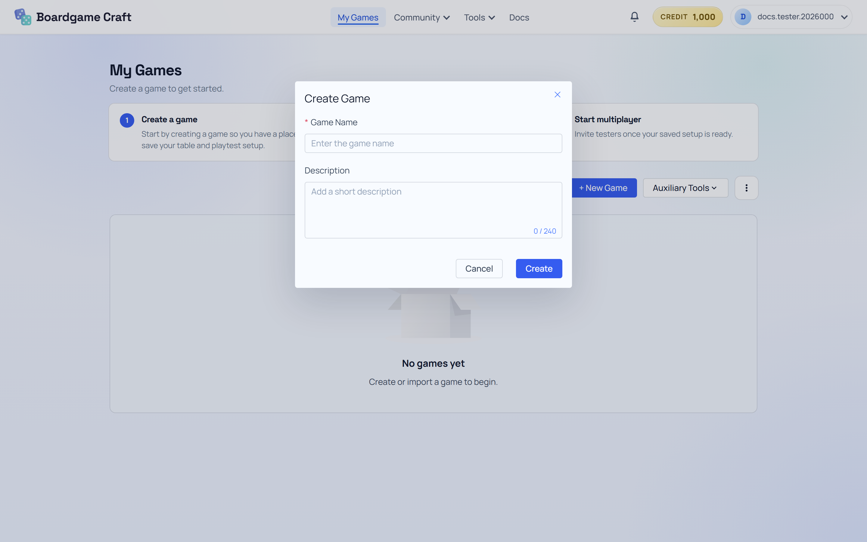 The Create Game dialog in My Games with Name and Description fields