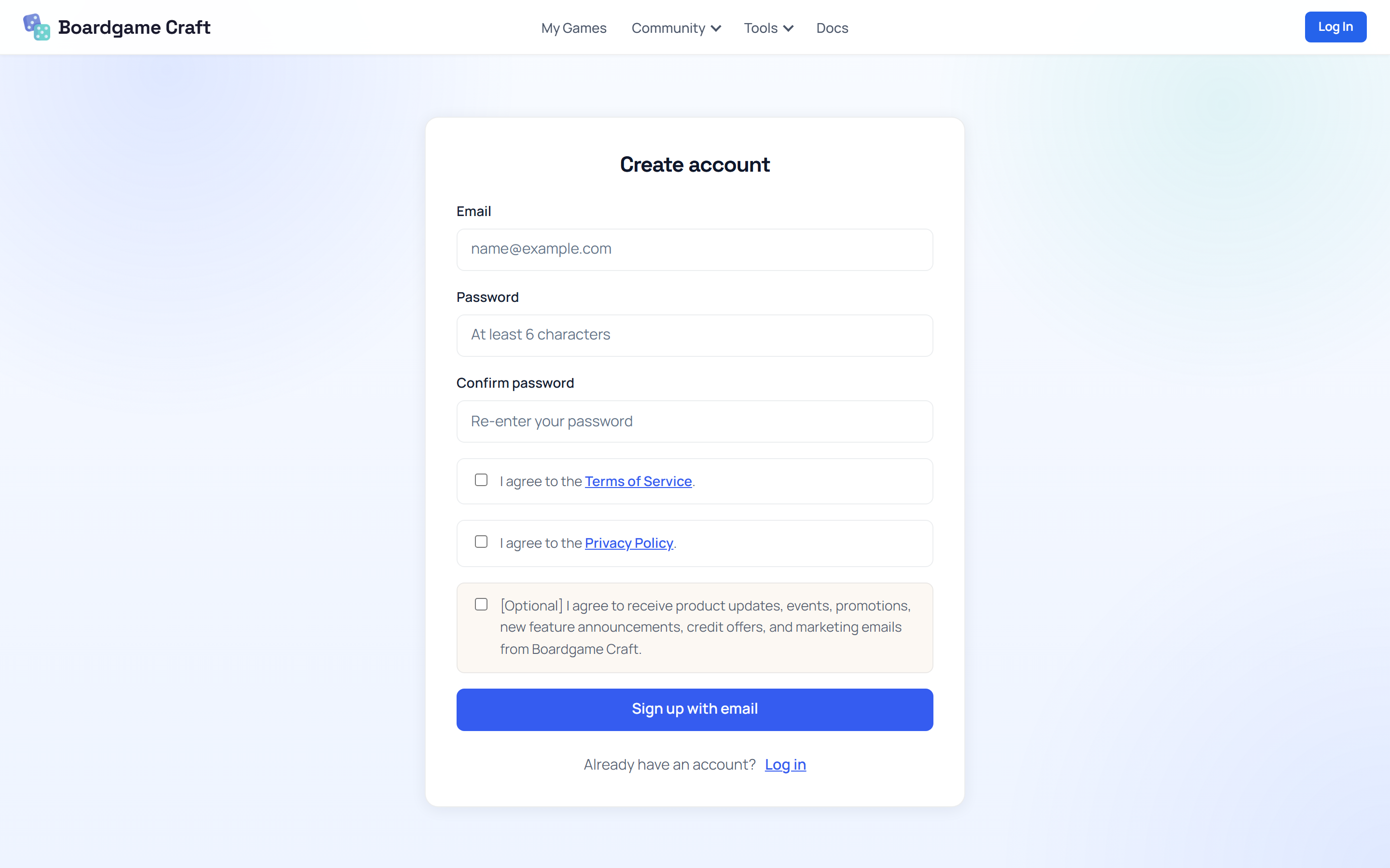 The Boardgame Craft sign up page with email and password fields