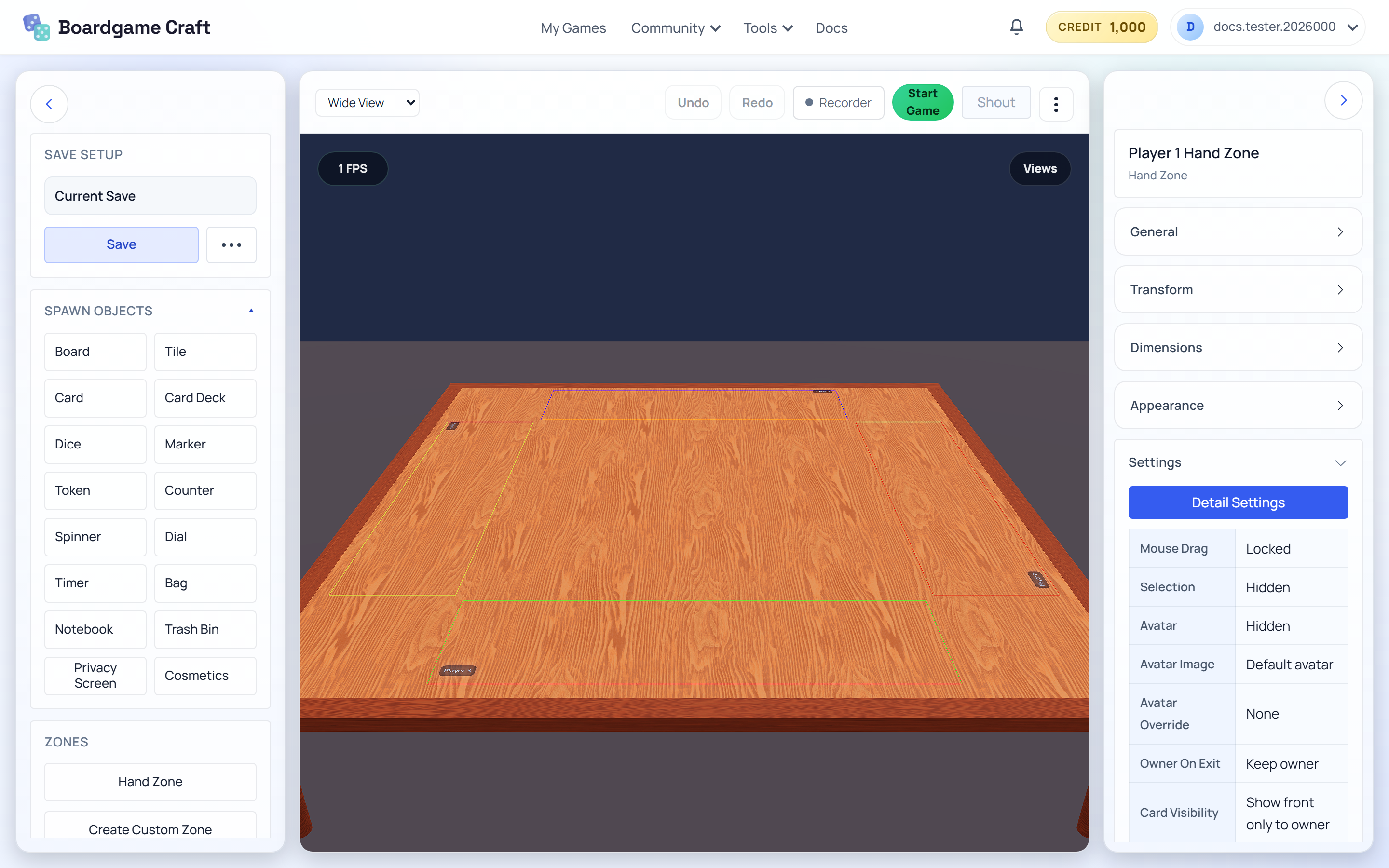 The 3D simulator with the Spawn Objects panel and save panel