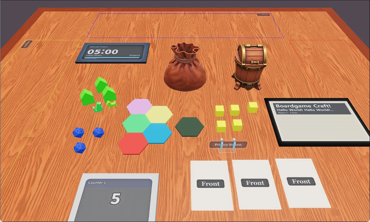 Boardgame Craft 3D virtual table where hex tiles are dragged, dice are rolled and cards are flipped
