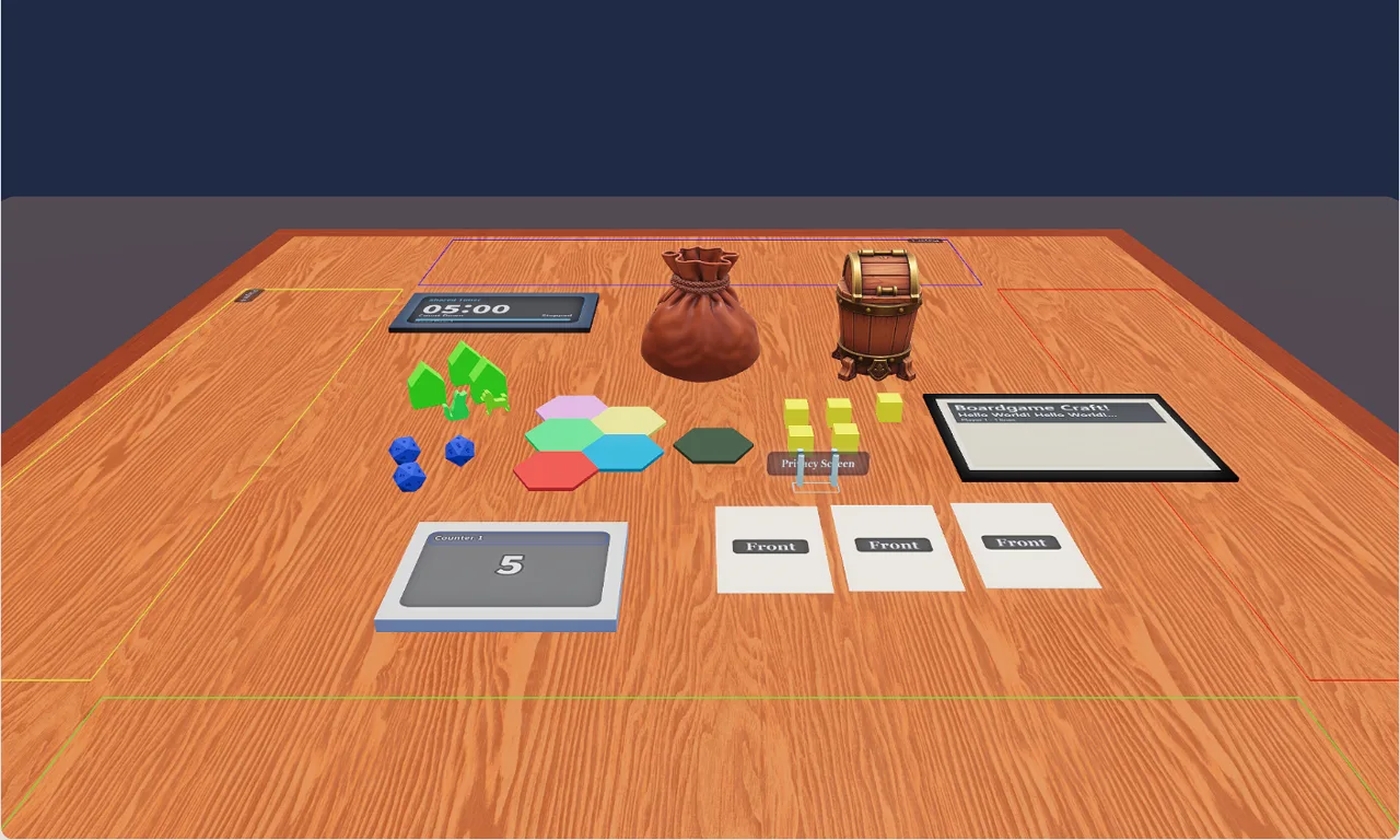 Slow camera sweep around a fully set up 3D board game table with tiles, dice, cards and zones